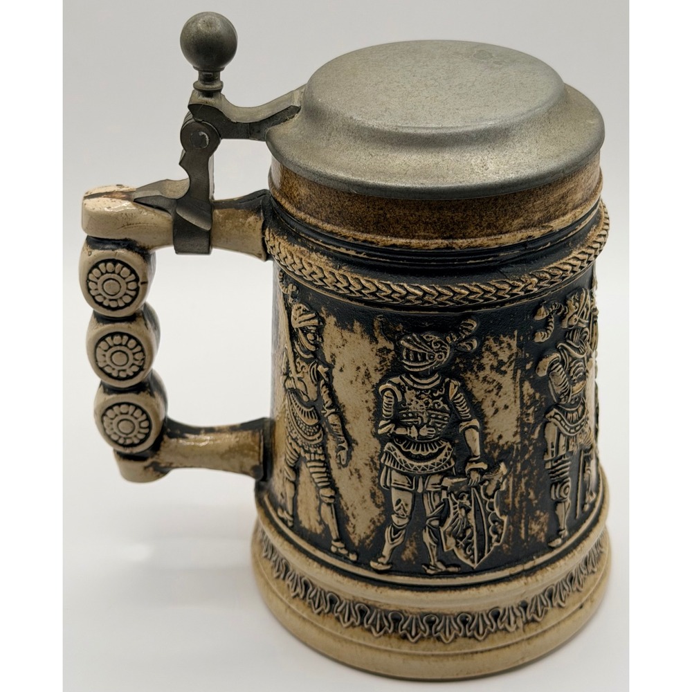 Vintage GERZ German Beer Stein Medieval Knight Relief Ceramic Lidded Mug